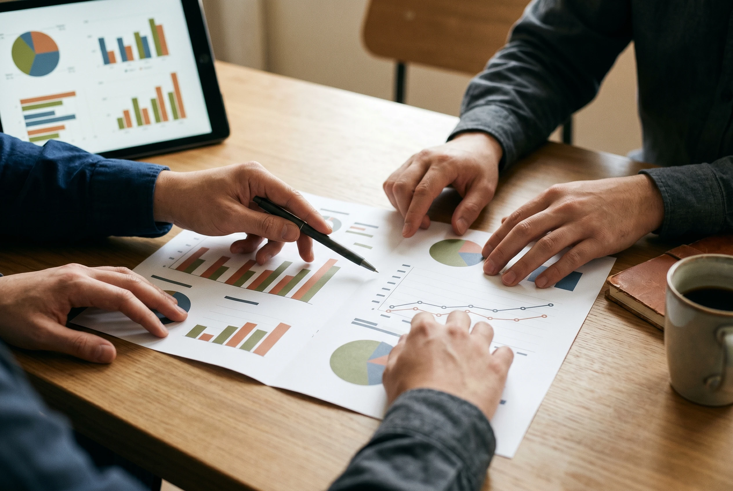 Two people collaborating over a printed KPI report