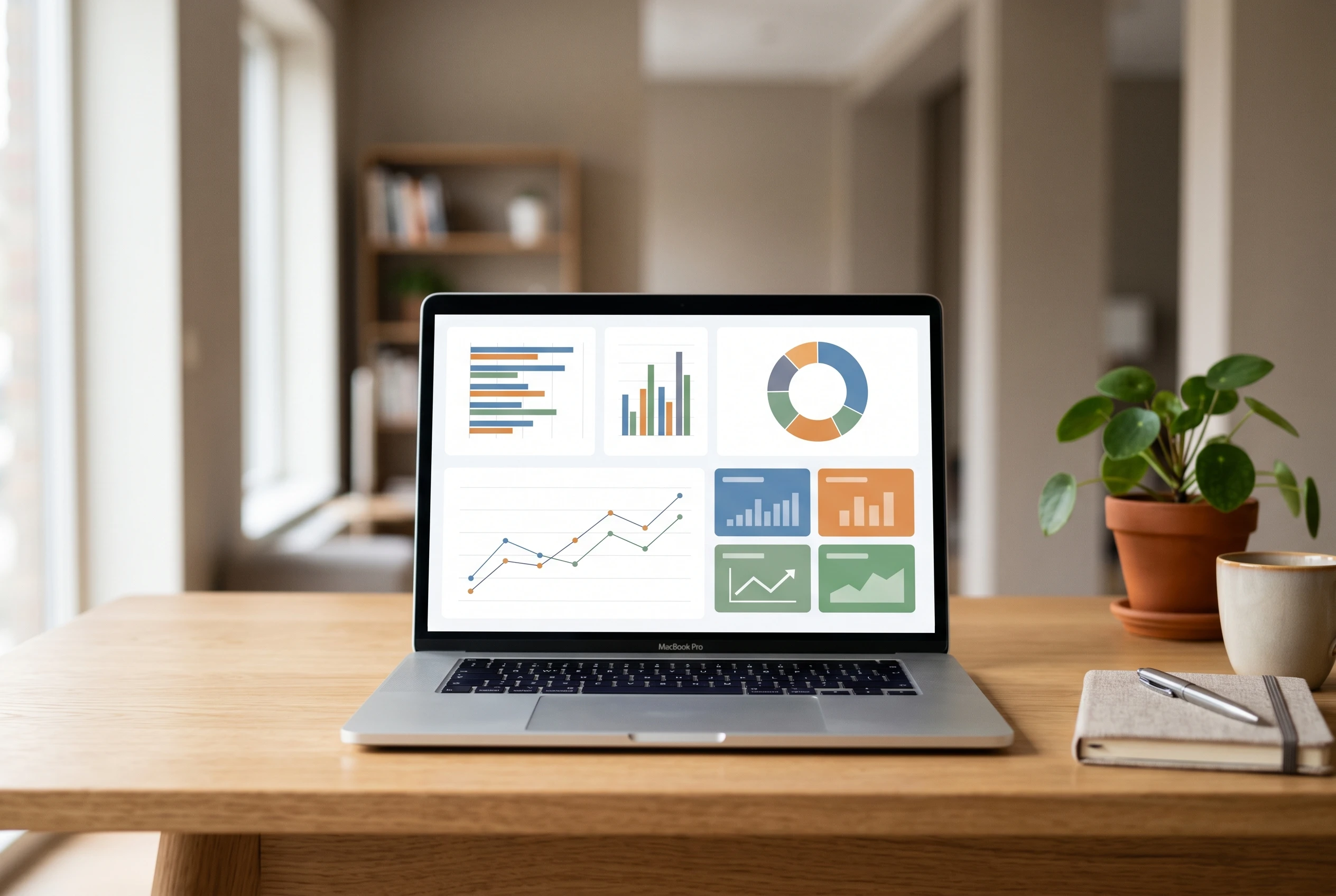 Executive KPI dashboard on a laptop — bar, line, and donut charts