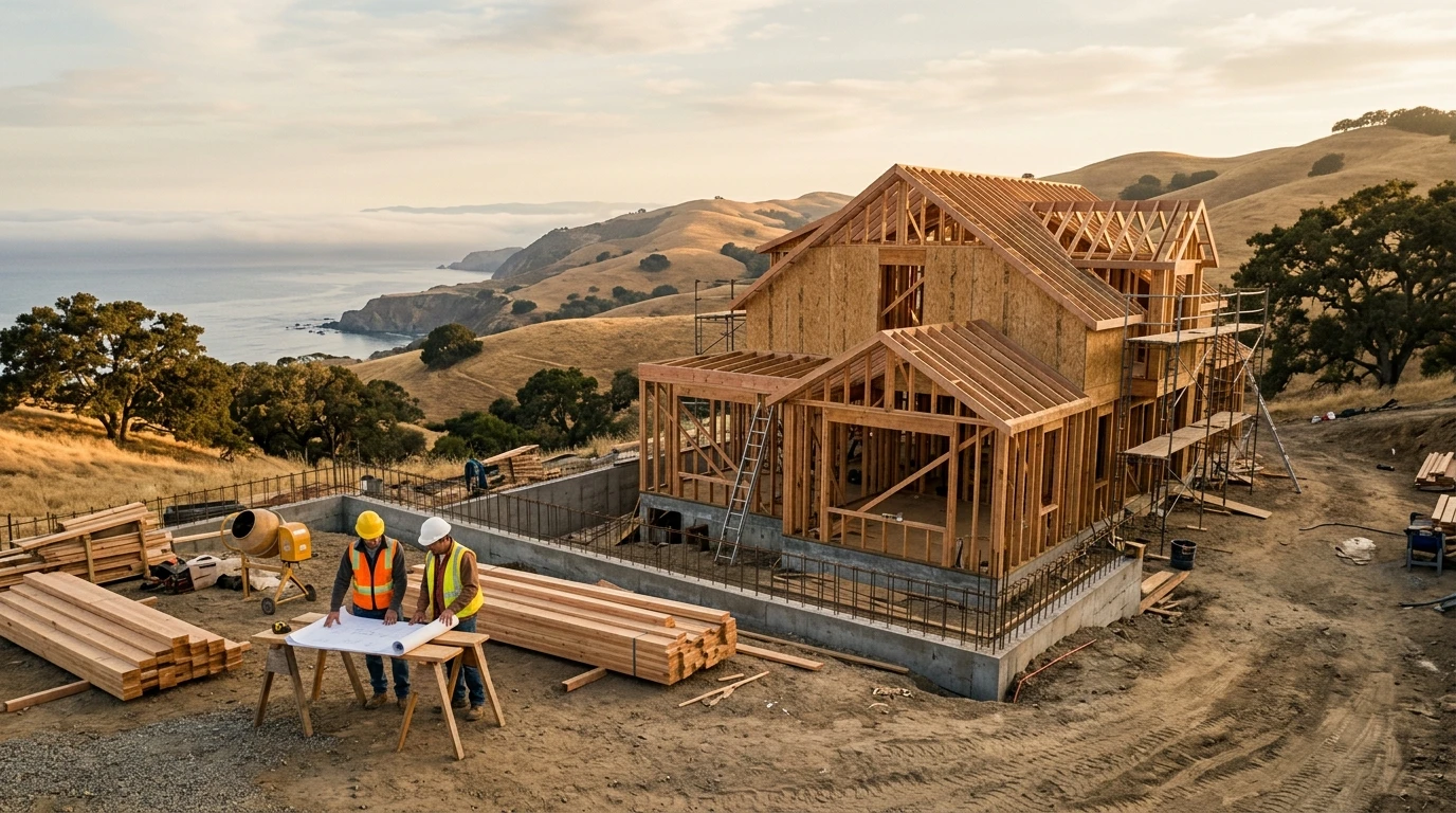 Active construction site with contractors reviewing plans