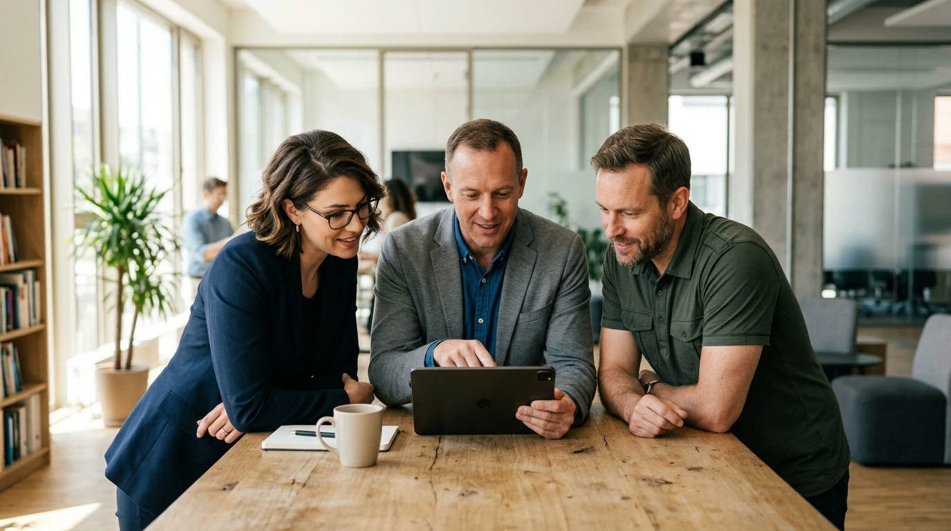 Three professionals from different service businesses reviewing a tablet together