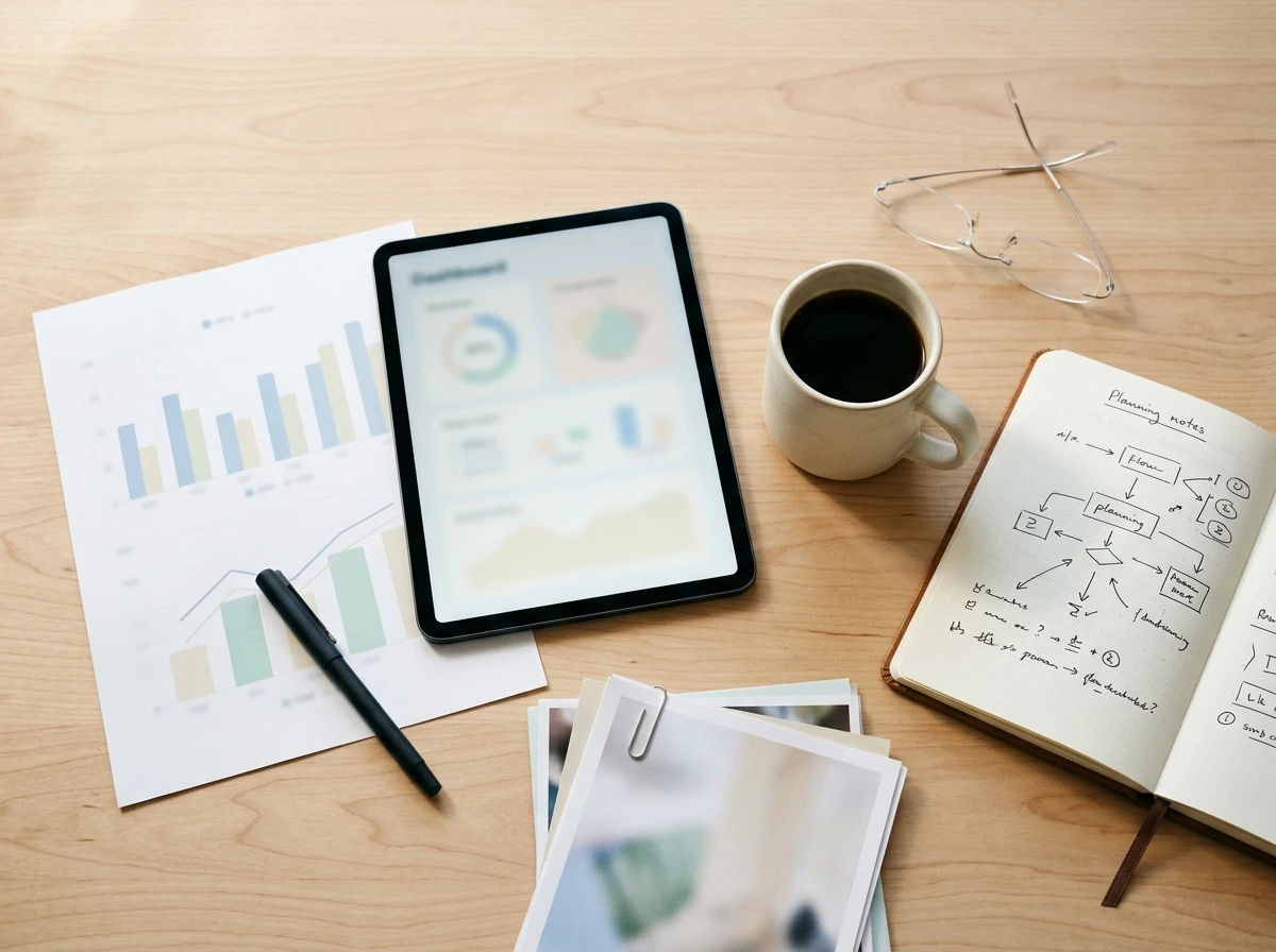 Two business professionals reviewing printed charts and a tablet dashboard during a strategy session