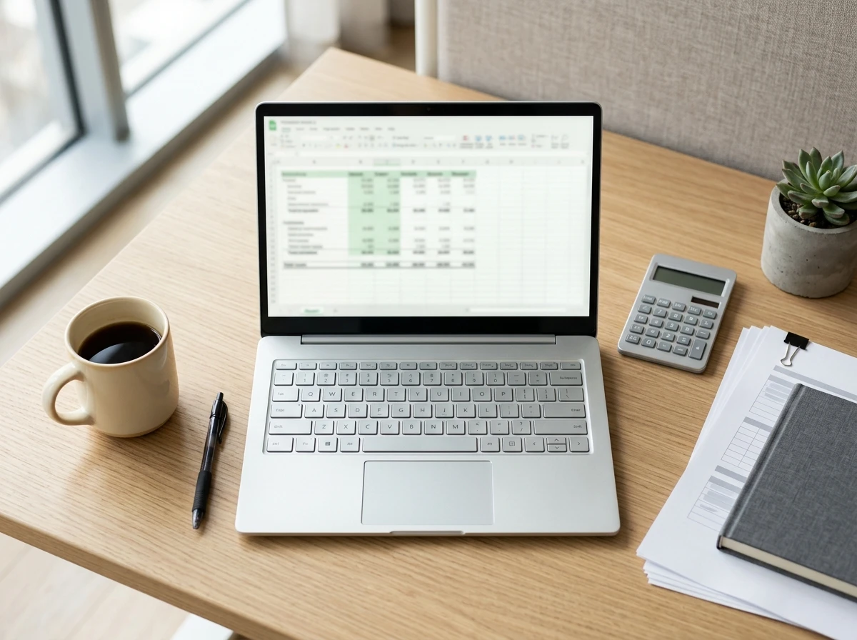 Laptop showing a bookkeeping spreadsheet on a tidy desk with calculator and financial reports