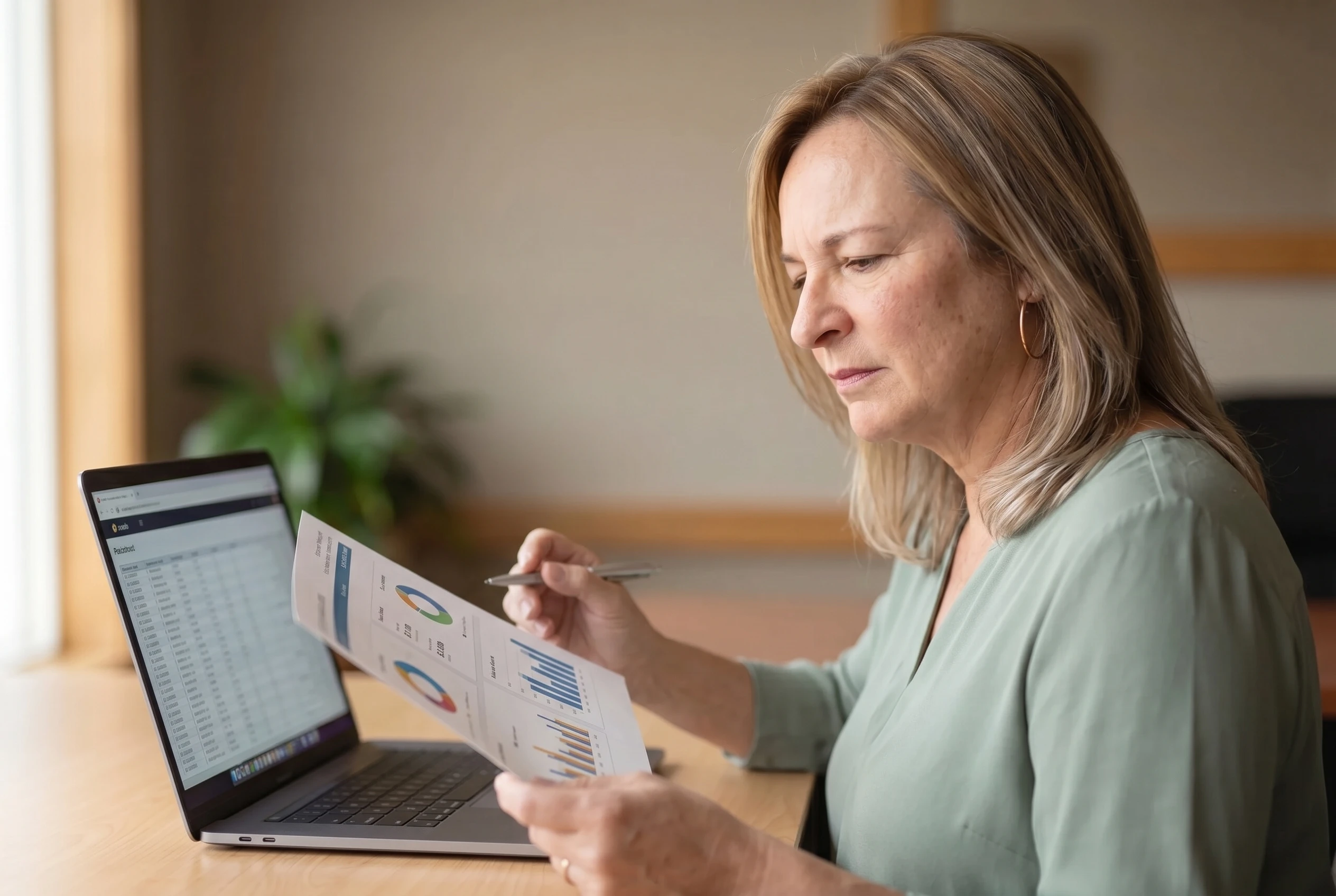 Shannan Hamilton reviewing financial reports and dashboard notes
