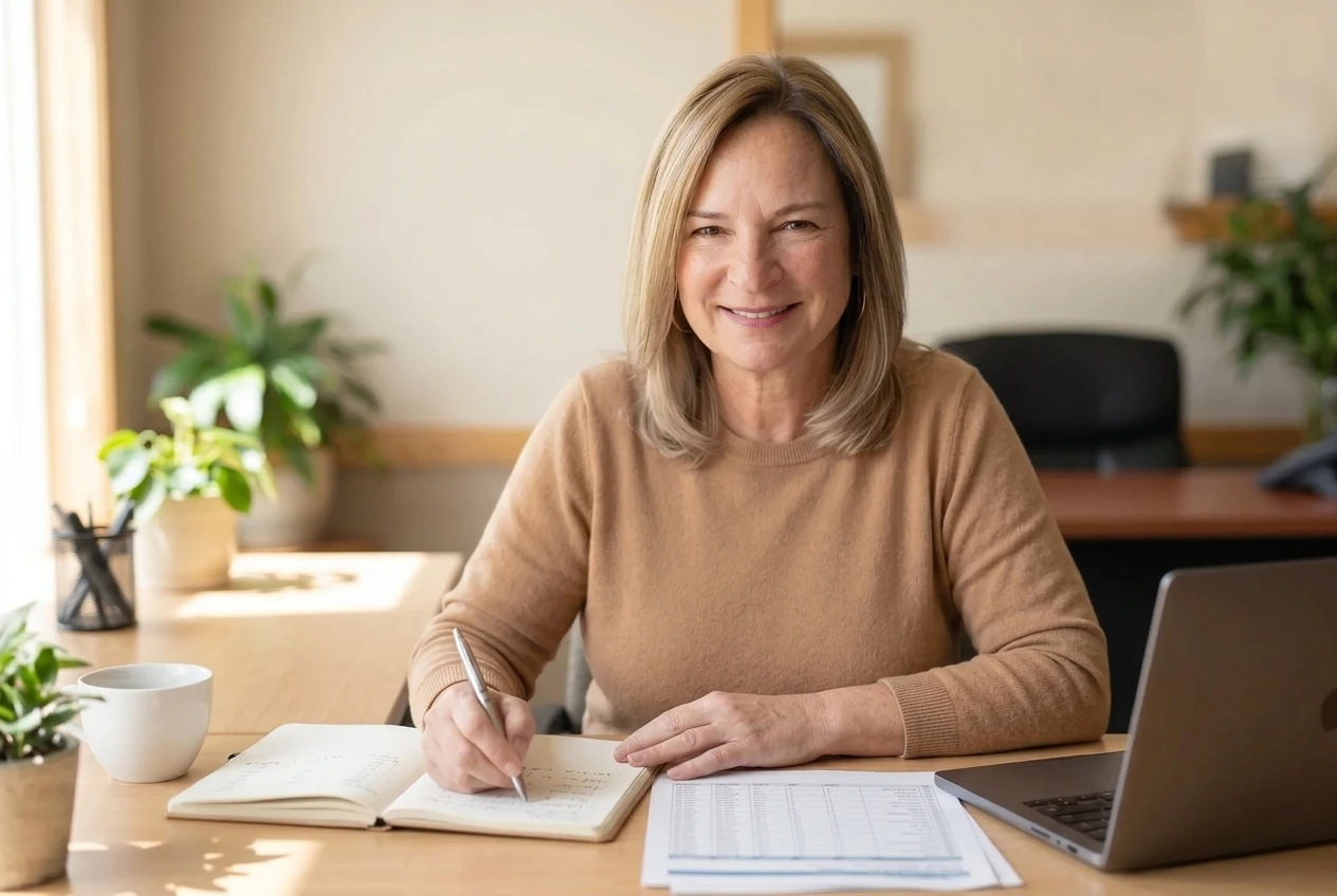 Shannan Hamilton reviewing financial reports at her desk